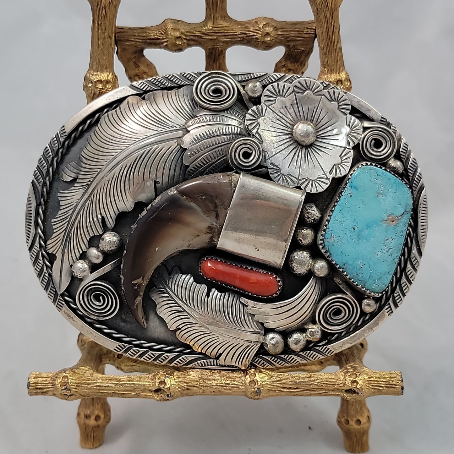 Large Turquoise & Coral Claw Belt Buckle