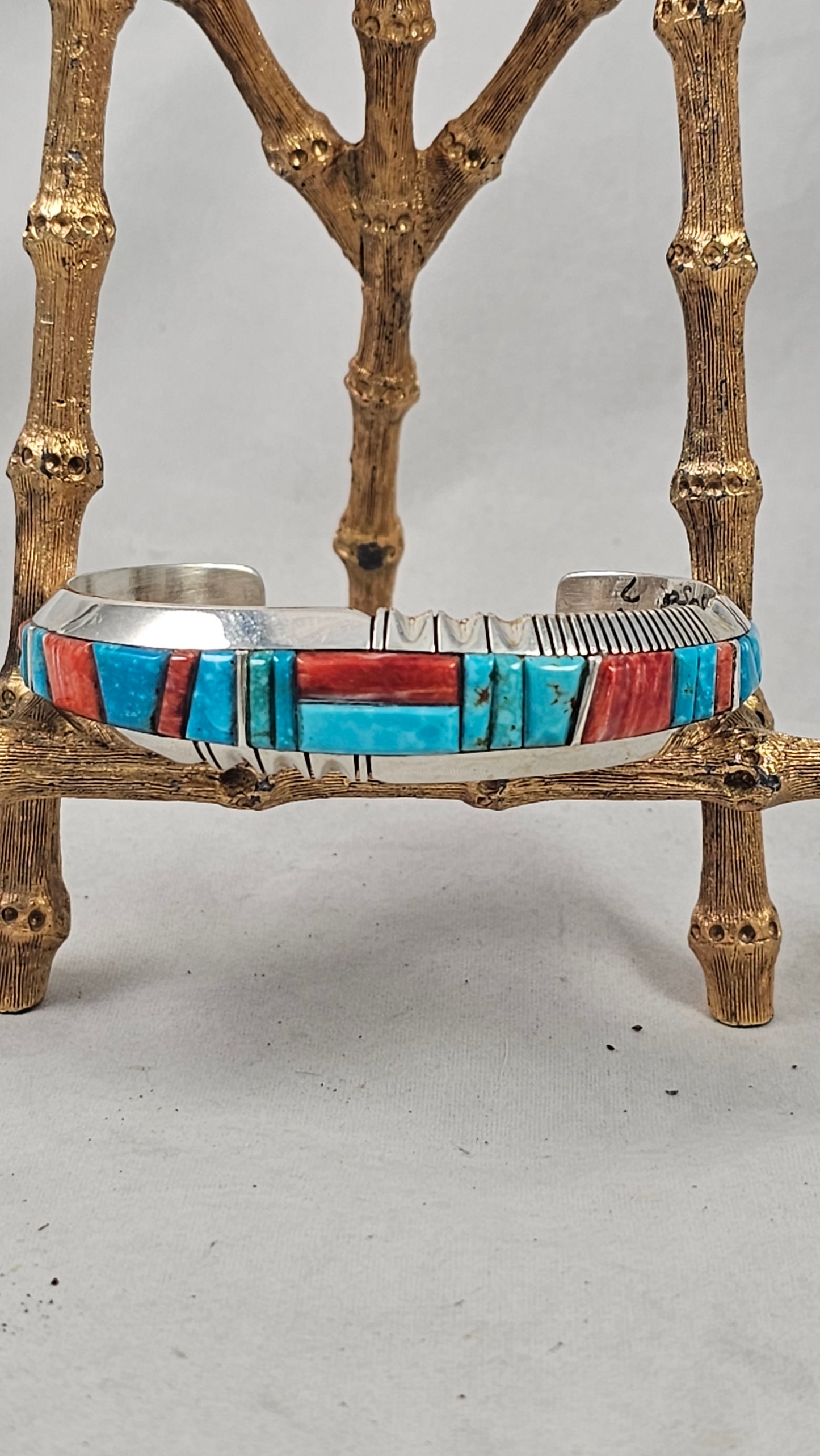 Inlay turquoise, coral & sawtooth sterling cuff