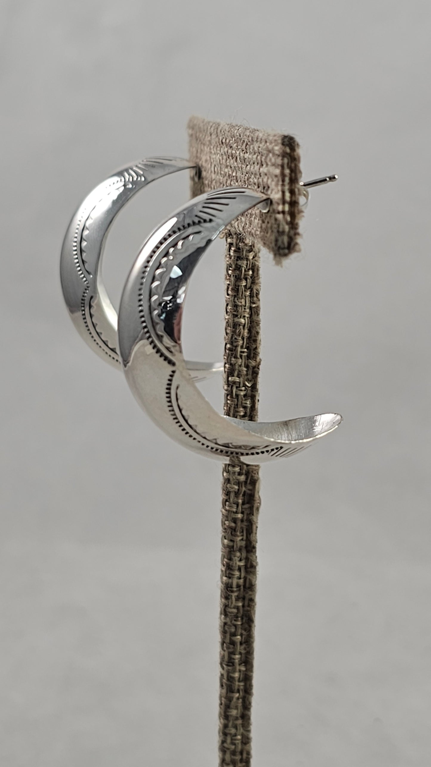 Stamped sterling hoop earrings 1-1/4"