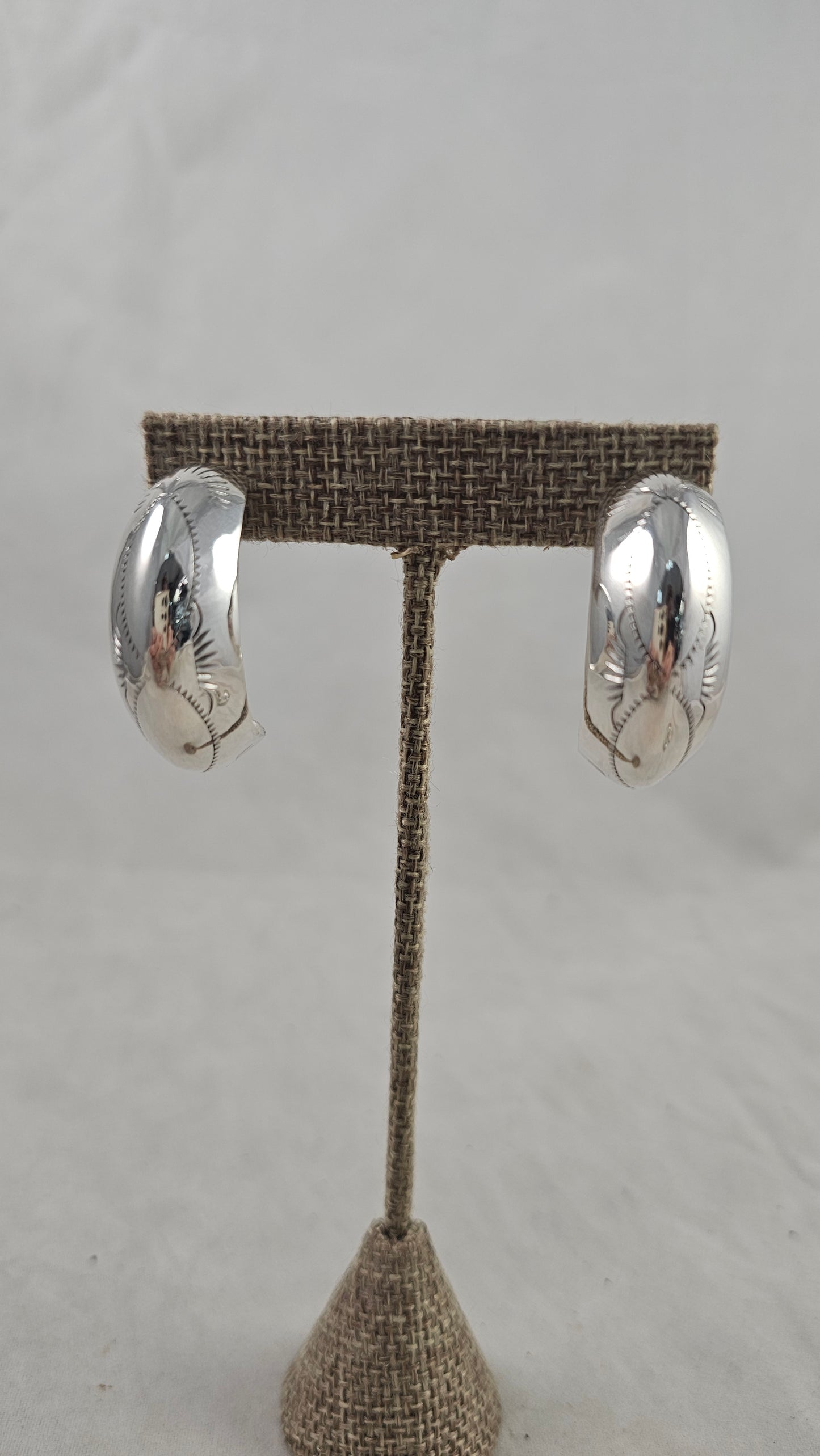 Stamped sterling hoop earrings 1-1/4"