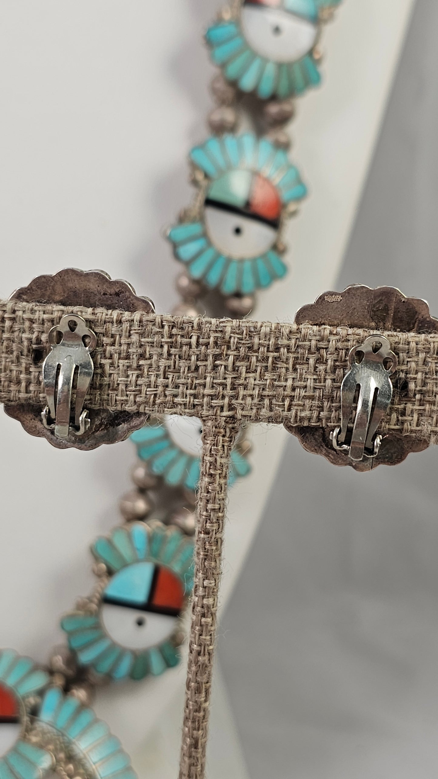 Zuni inlay sunface necklace and clip-on earring set