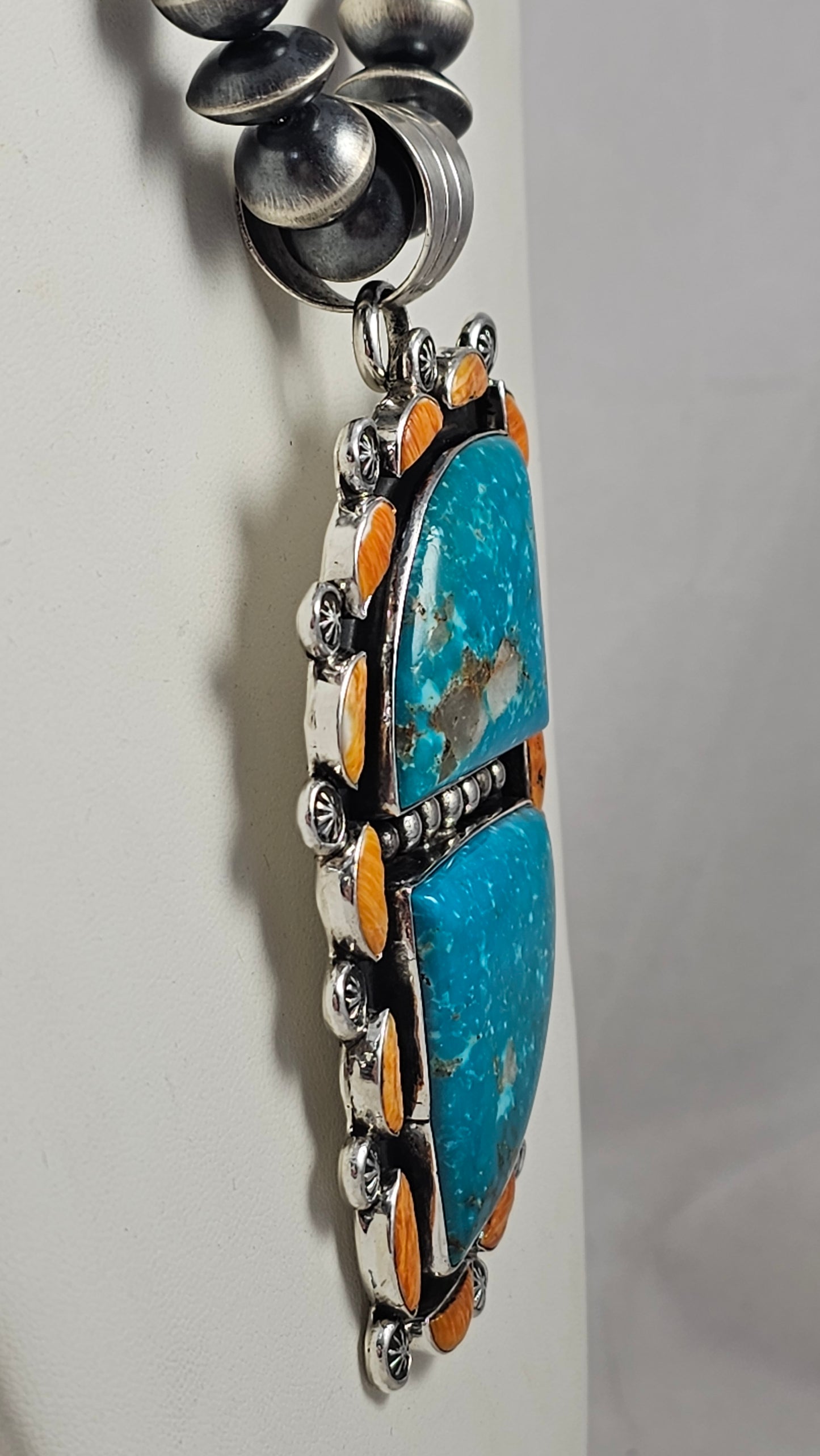 Turquoise, spiney oyster and sterling silver pendant