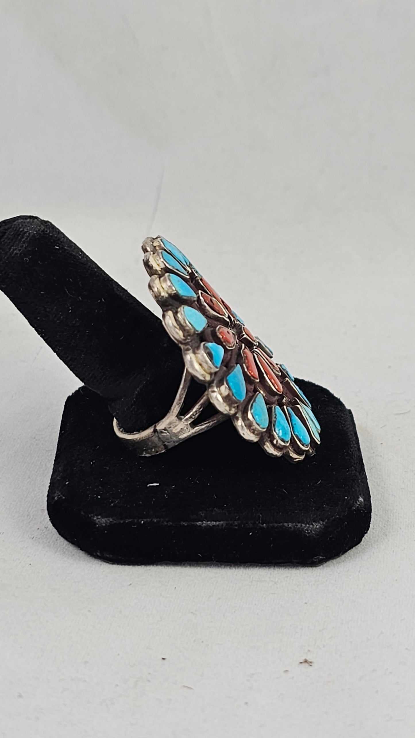 Turquoise and coral cluster ring