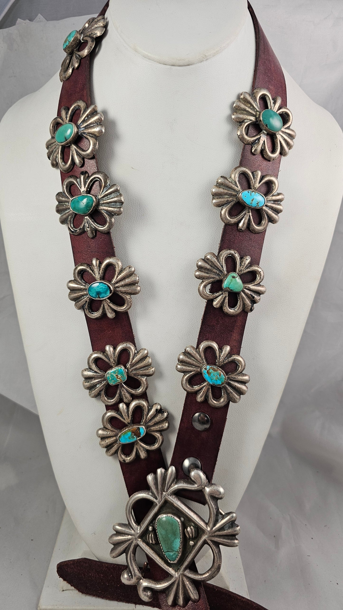 Sandcast silver and turquoise concho belt