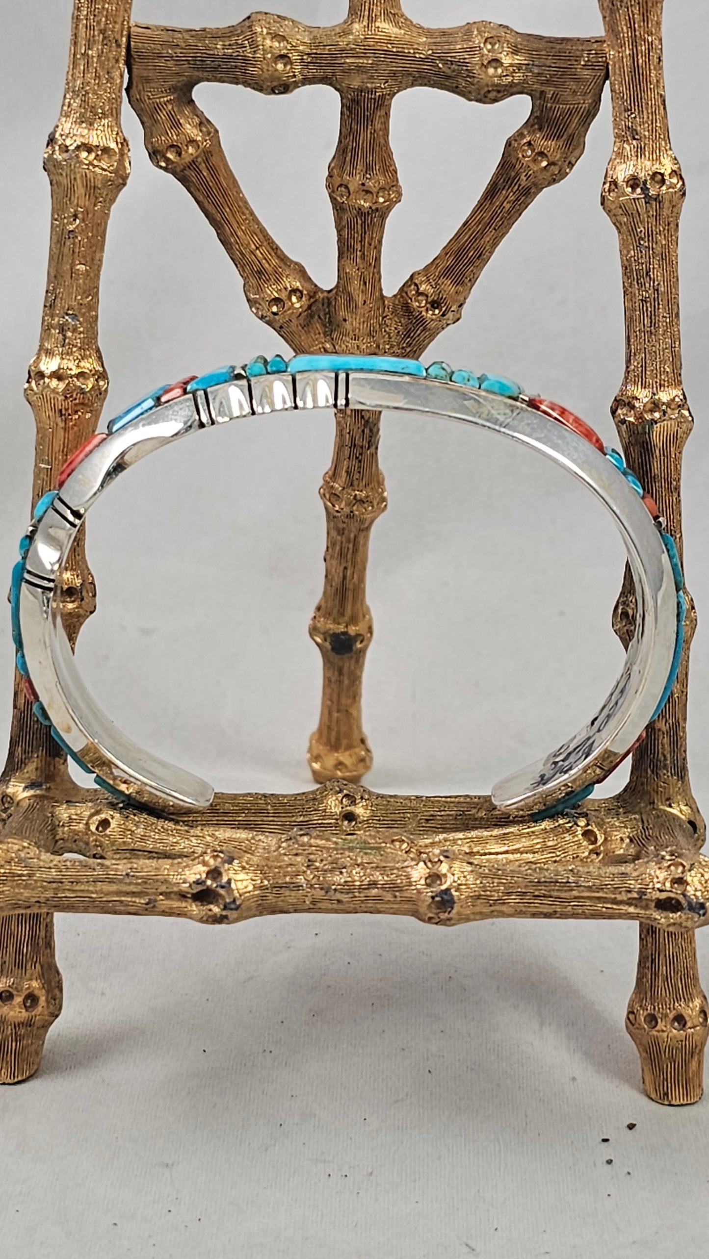 Inlay turquoise, coral & sawtooth sterling cuff