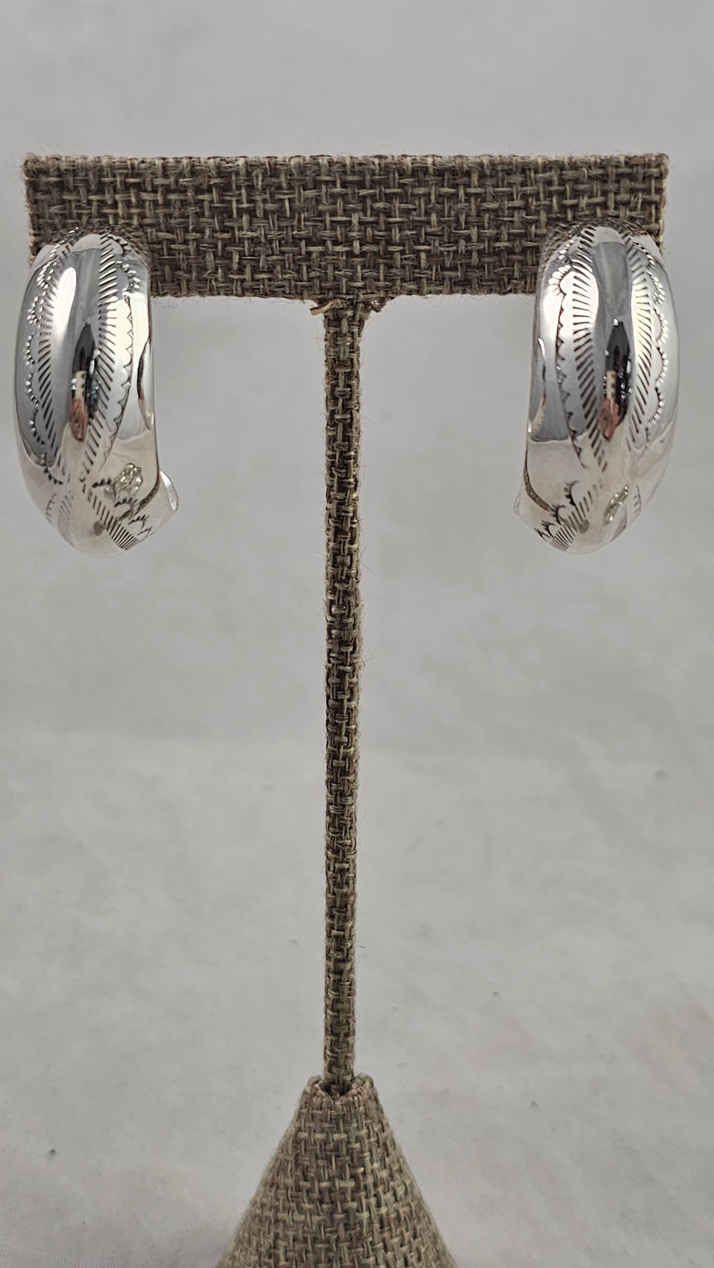 Stamped sterling hoop earrings 1-1/4"