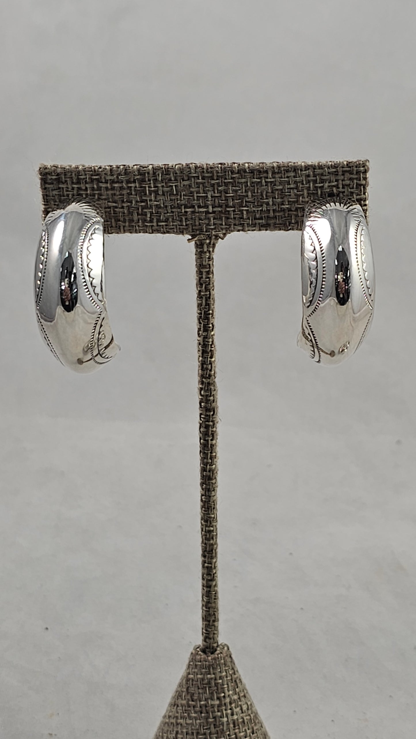 Stamped sterling hoop earrings 1-1/4"