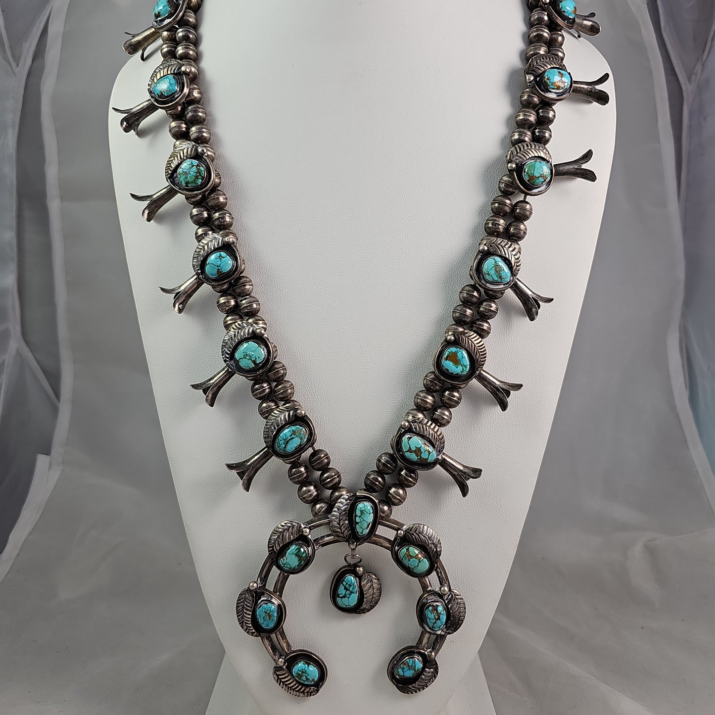 Morenci turquoise & sterling silver squash blossom necklace