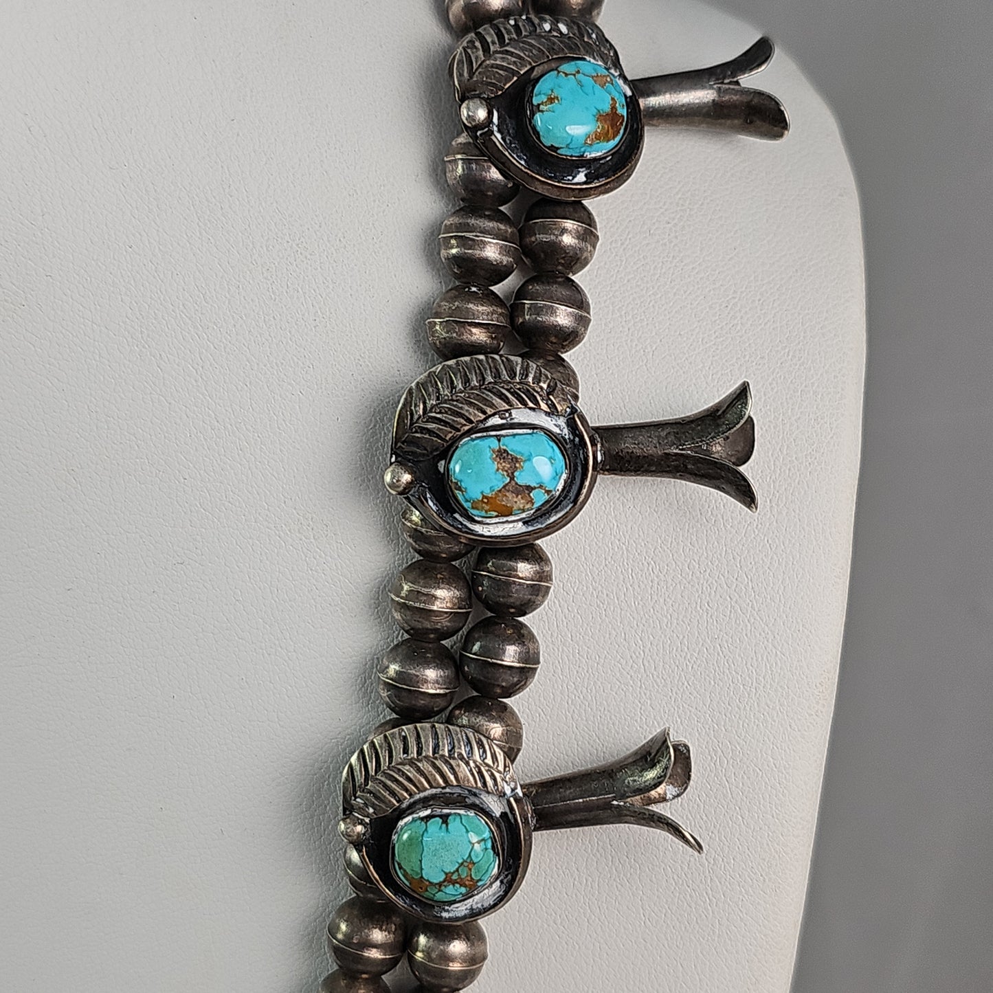 Morenci turquoise & sterling silver squash blossom necklace