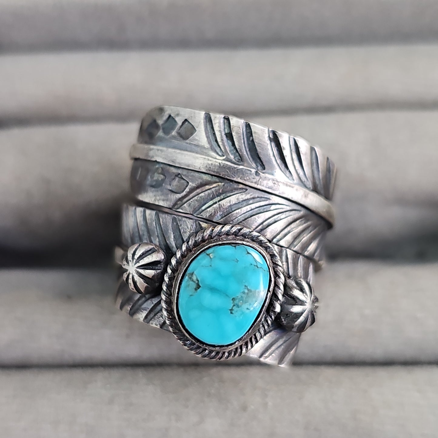 Heavy turquoise feather wrap ring