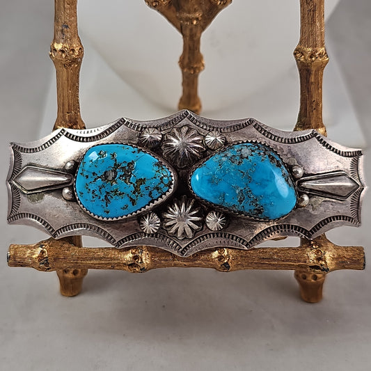 Heavy turquoise and sterling hair barrette. Signed by the artist. 4-1/4 × 1-3/4"