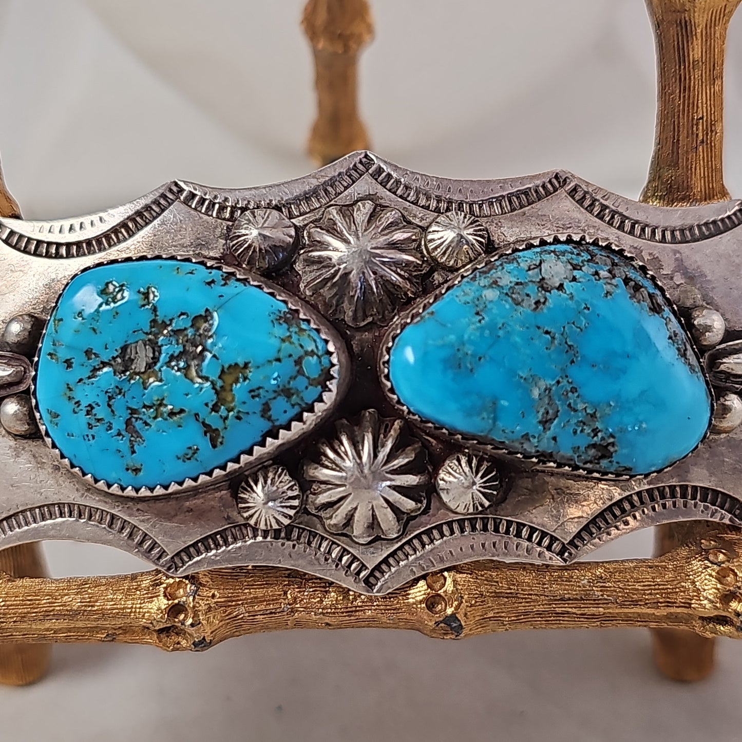 Heavy turquoise and sterling hair barrette. Signed by the artist. 4-1/4 × 1-3/4"