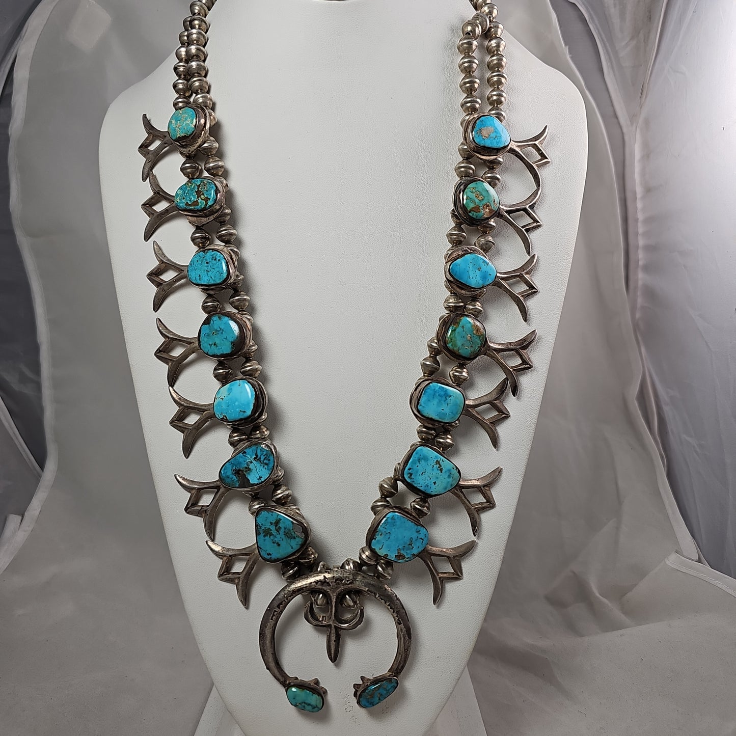 Vintage sandcast & turquoise squash blossom necklace