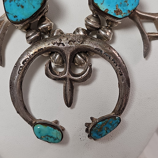 Vintage sandcast & turquoise squash blossom necklace