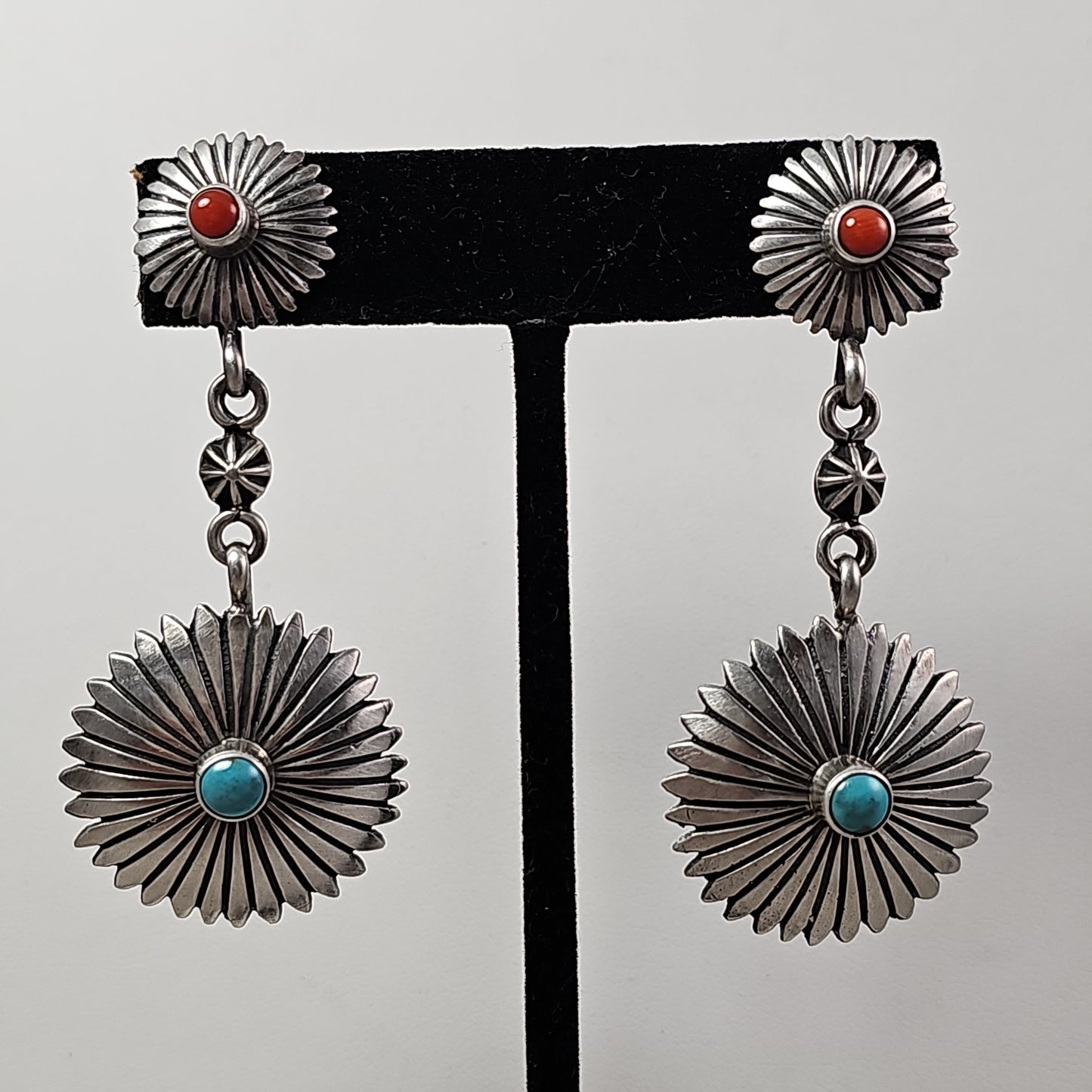 Turquoise and coral concho button earrings