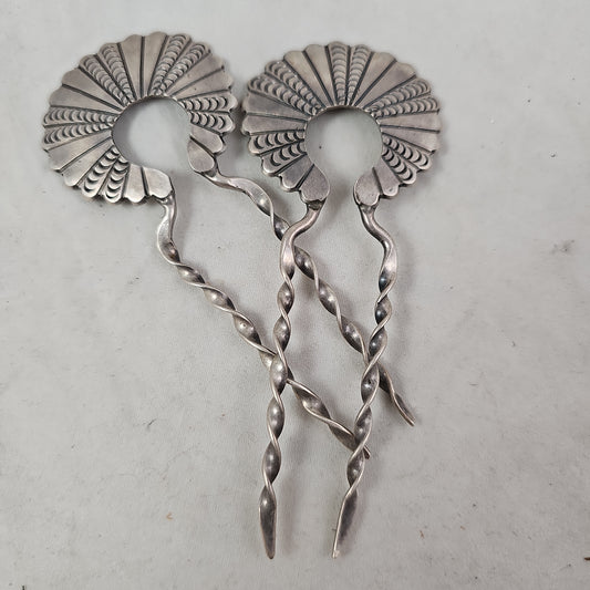 Set of 2 vintage French style Navajo sterling hair pins