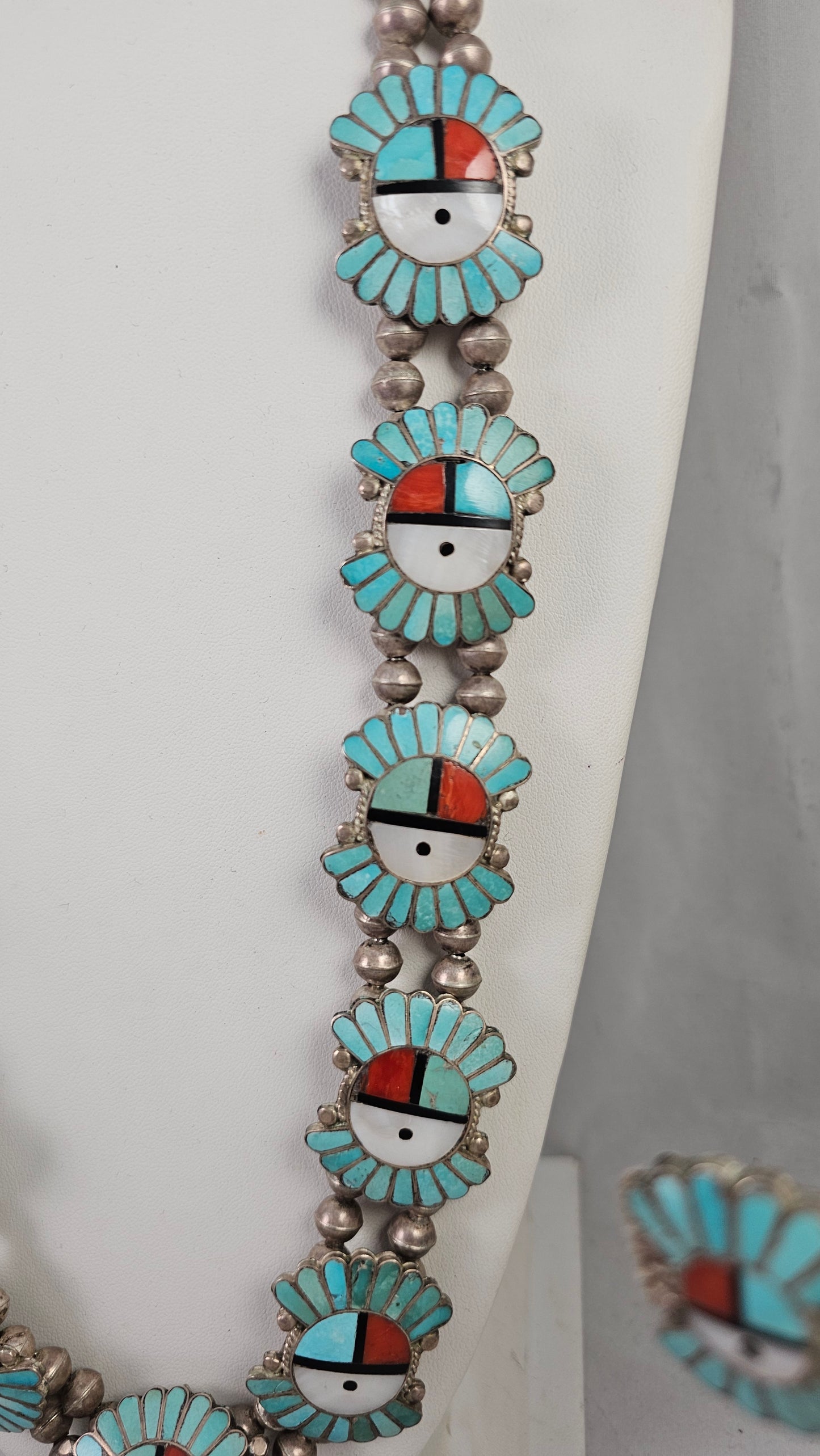Zuni inlay sunface necklace and clip-on earring set