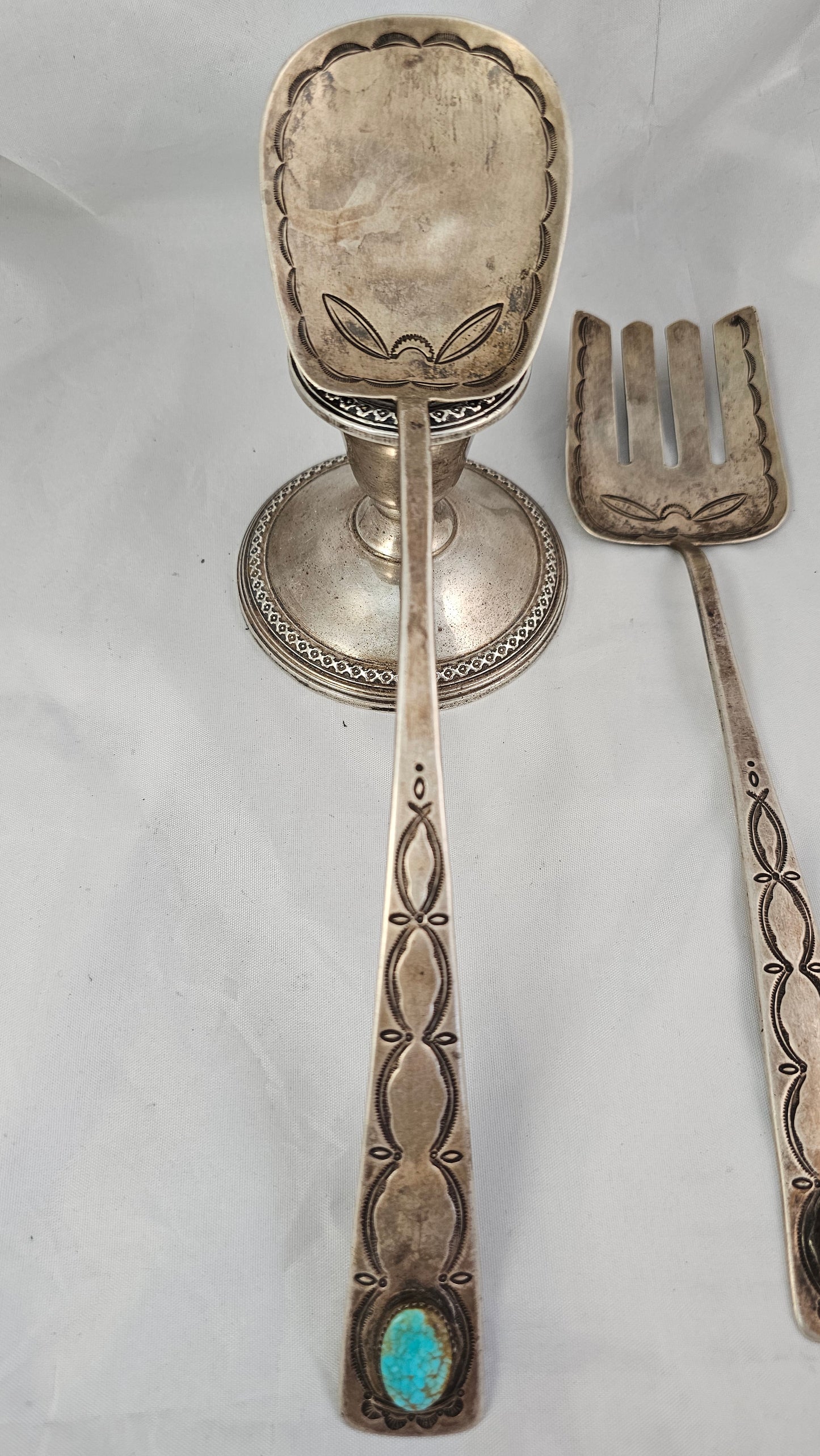 Salad fork & spoon sterling and turquoise