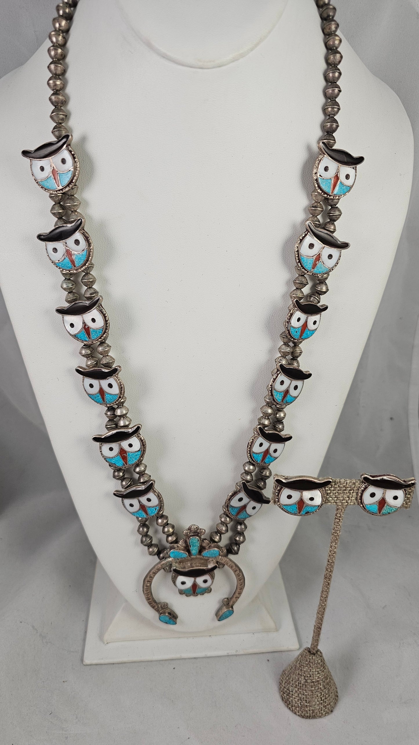 Zuni inlay owl necklace and clip-on earring set