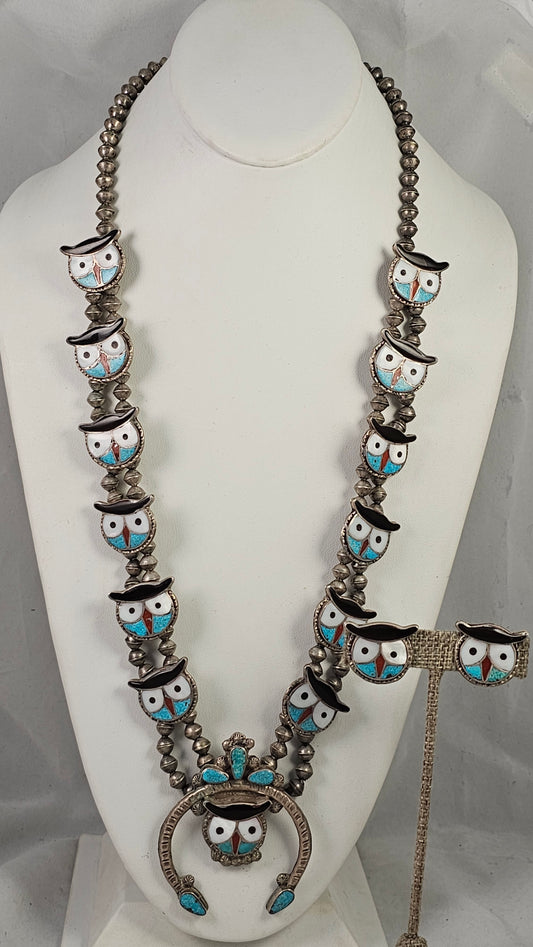 Zuni inlay owl necklace and clip-on earring set