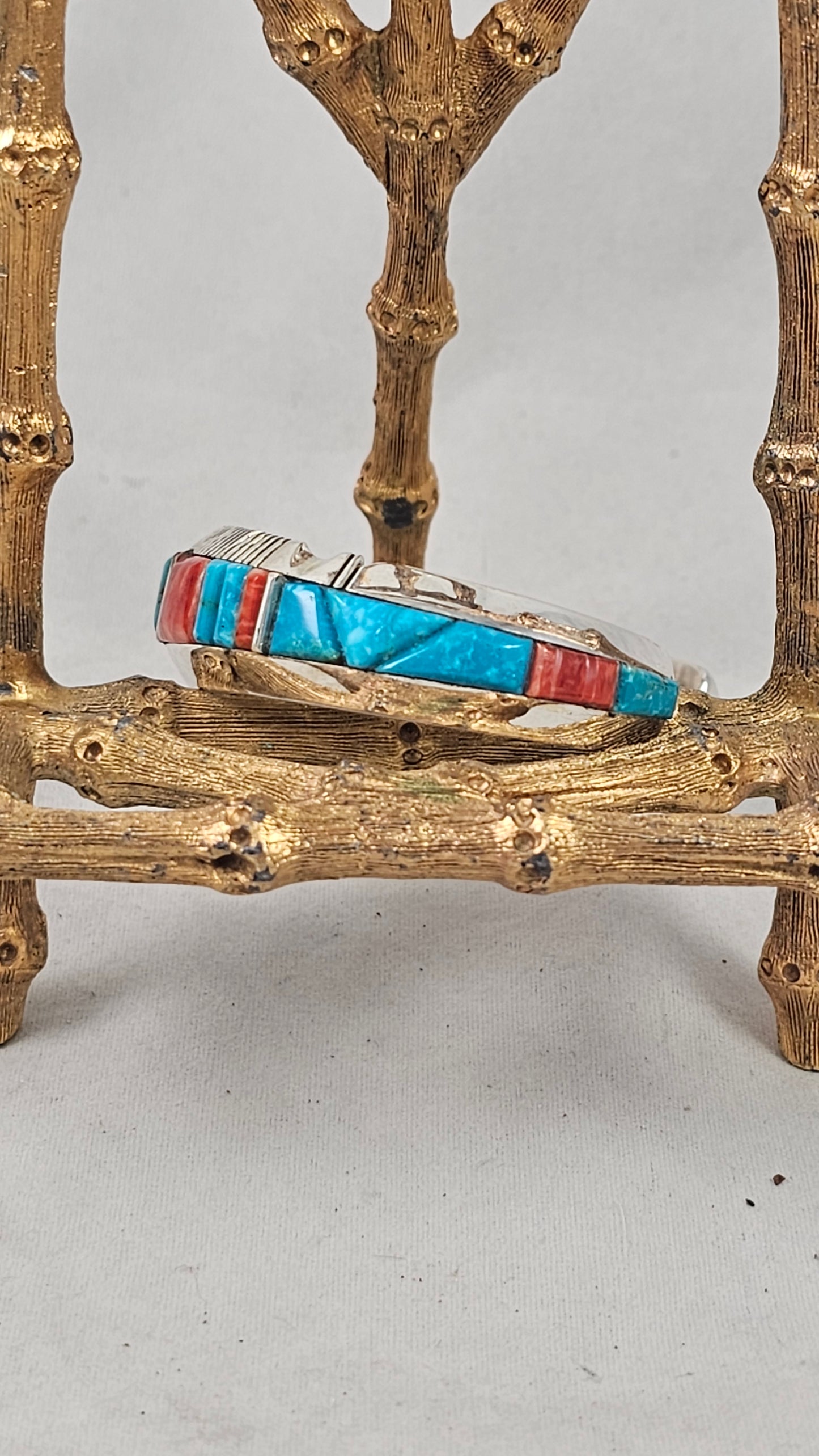 Inlay turquoise, coral & sawtooth sterling cuff