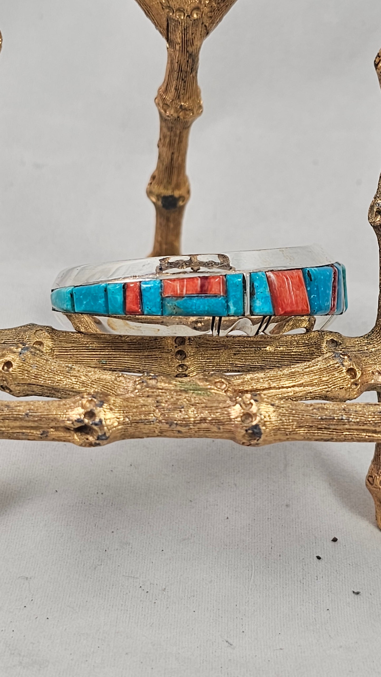 Inlay turquoise, coral & sawtooth sterling cuff