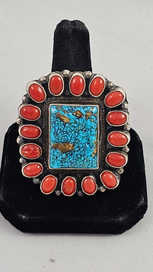 Turquoise and coral ring