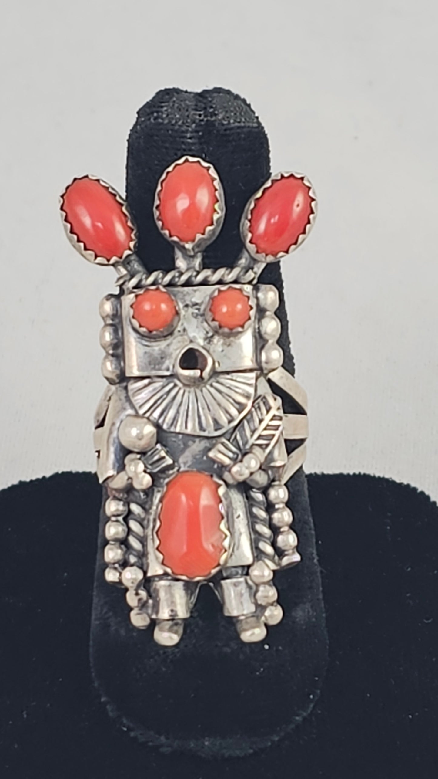Coral & sterling kachina ring