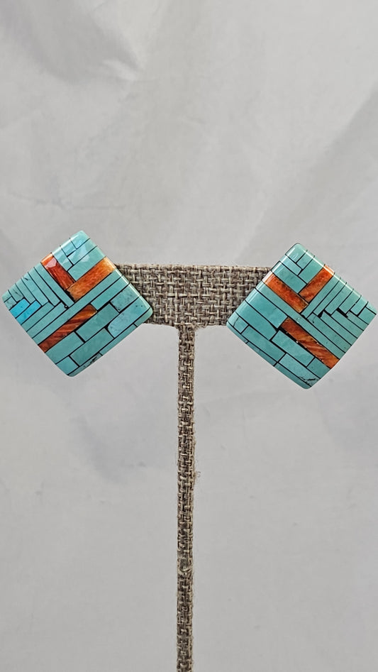 Turquoise and spiney oyster Santo Domingo moziac post earrings