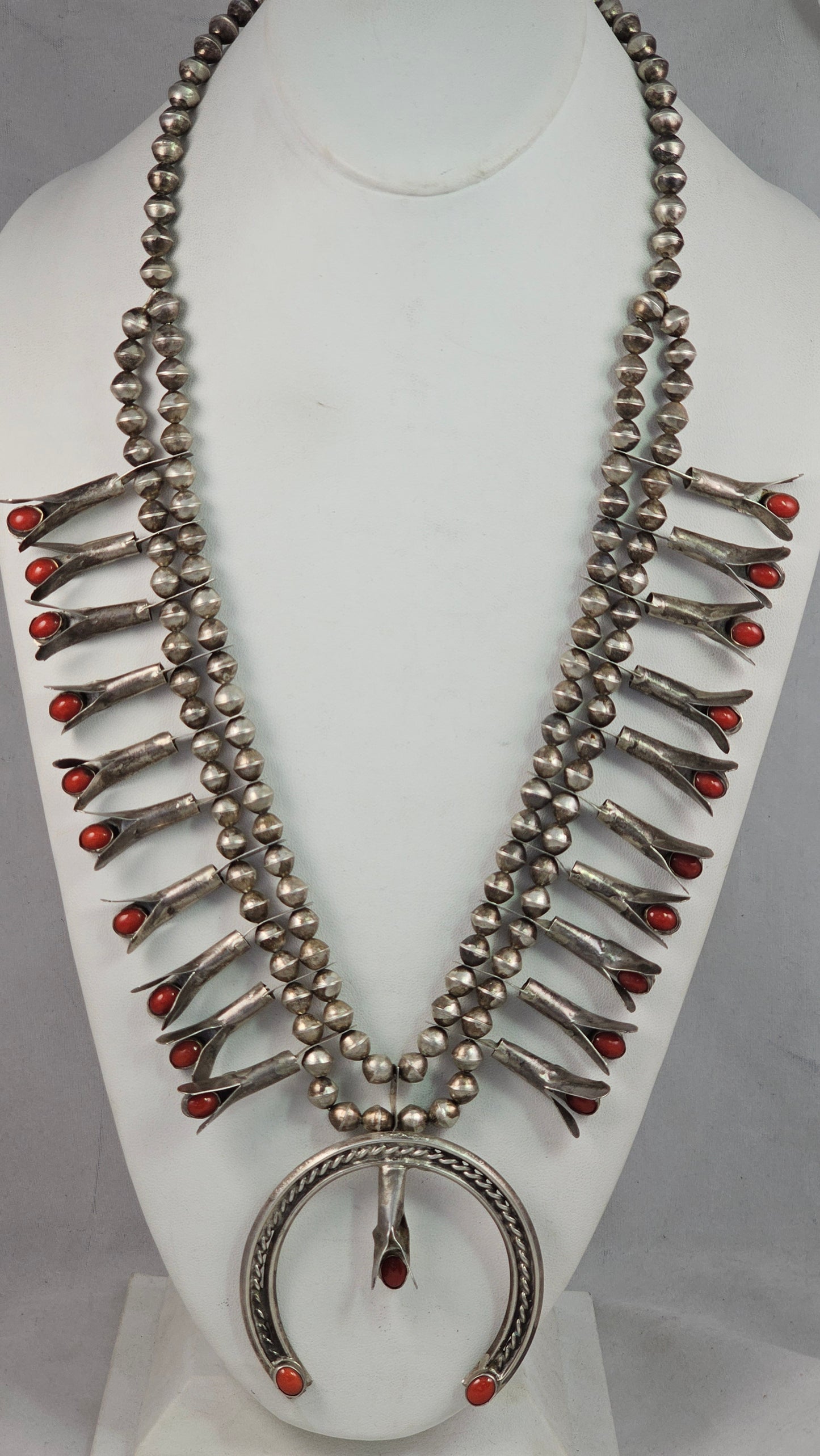 Coral and sterling squash blossom necklace