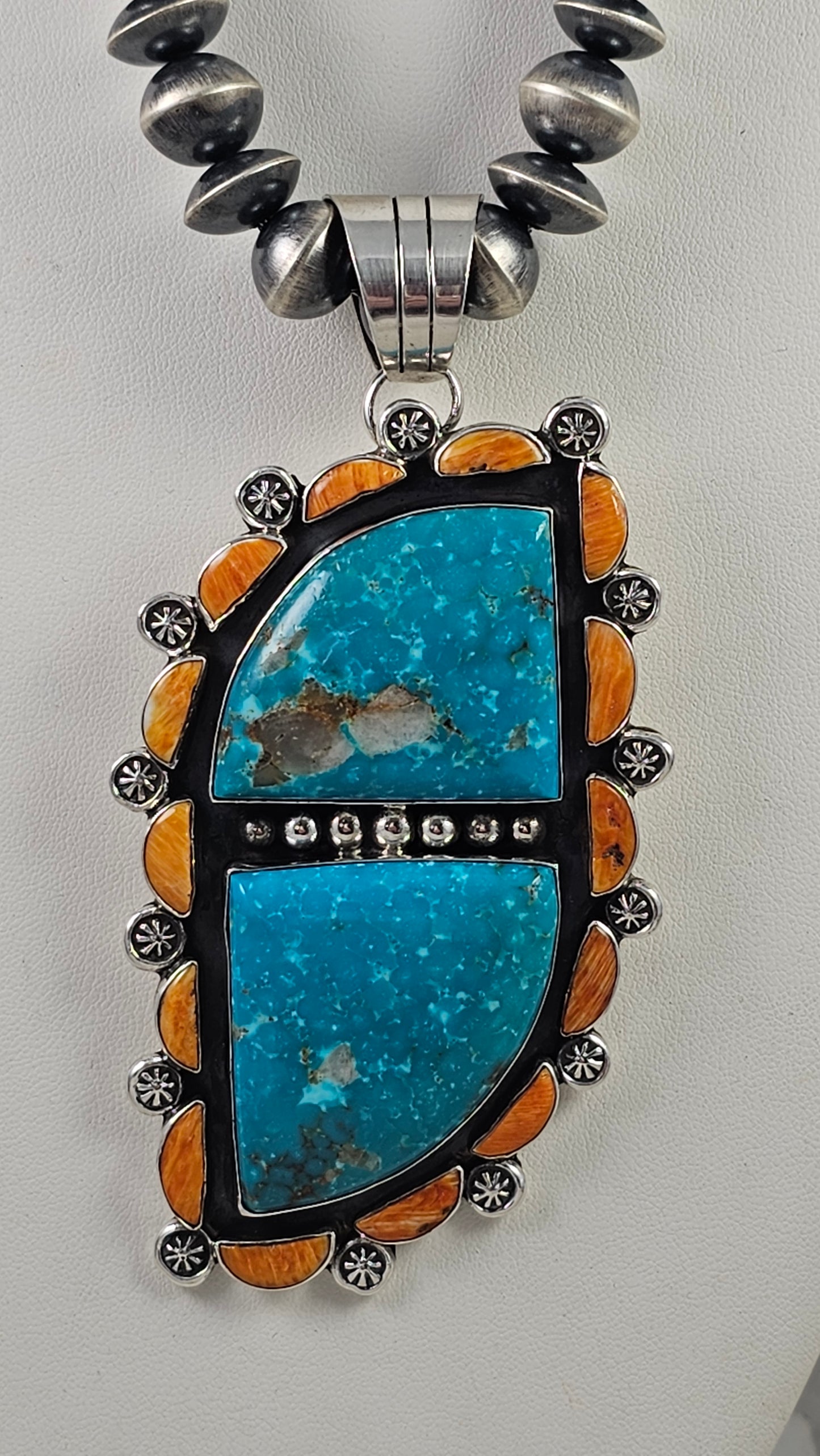Turquoise, spiney oyster and sterling silver pendant