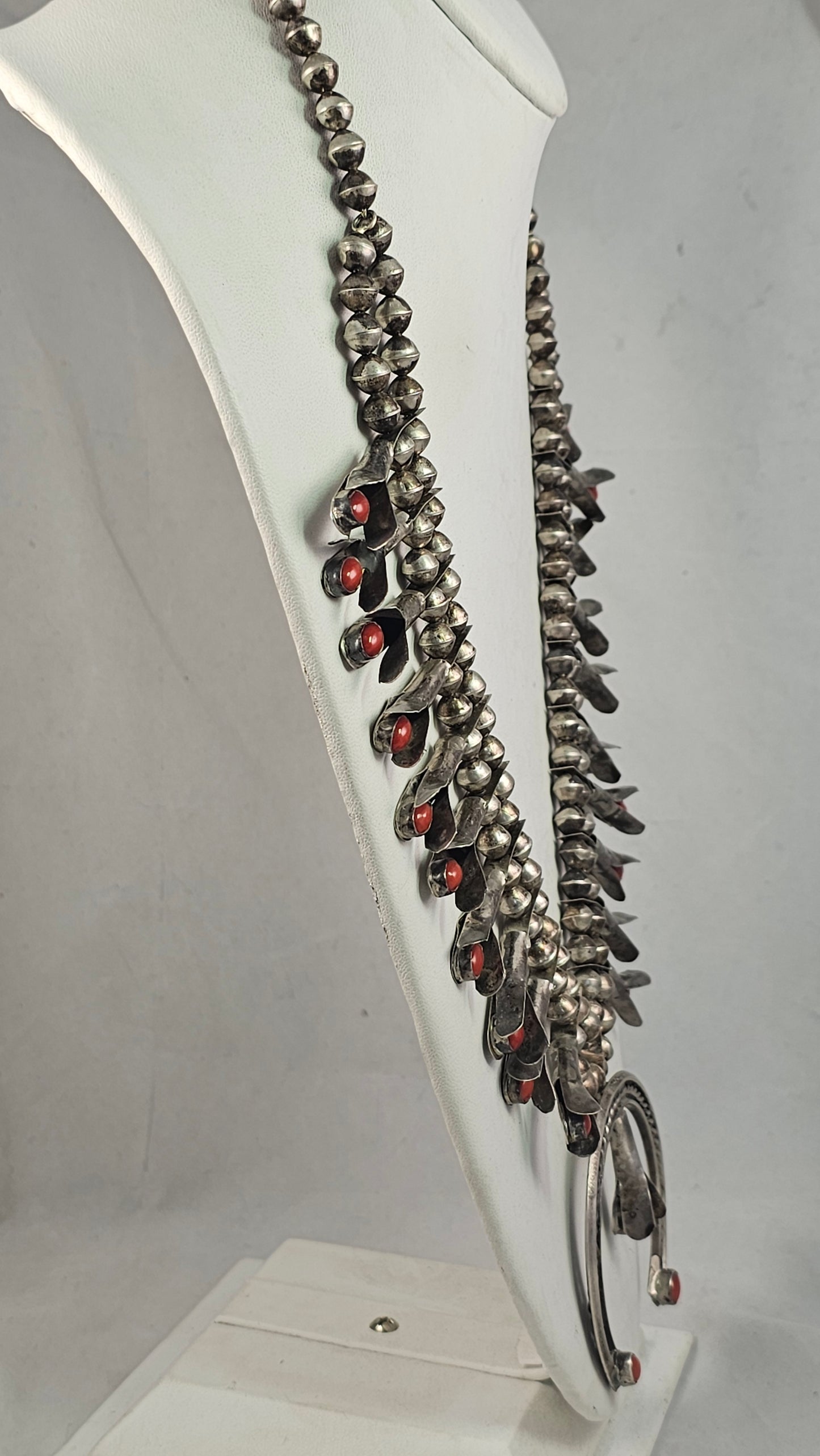 Coral and sterling squash blossom necklace