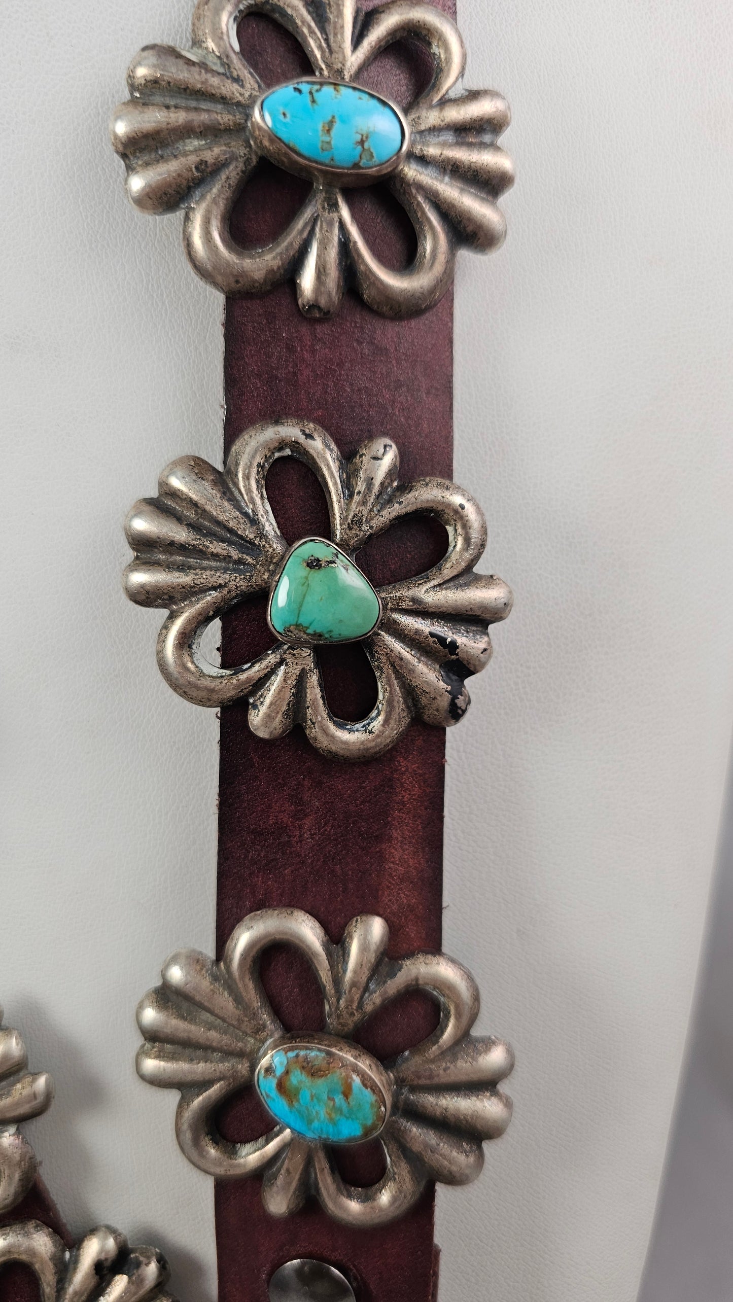 Sandcast silver and turquoise concho belt
