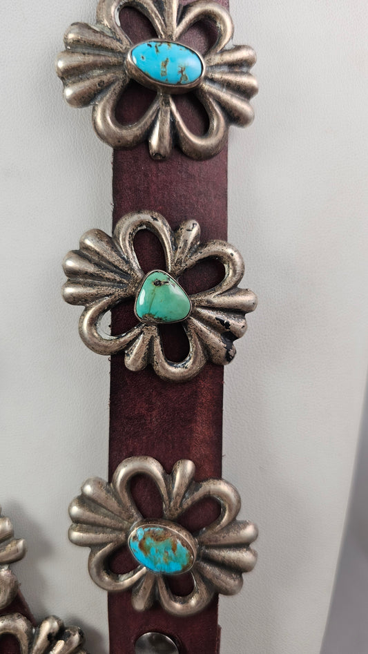 Sandcast silver and turquoise concho belt