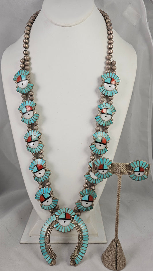Zuni inlay sunface necklace and clip-on earring set