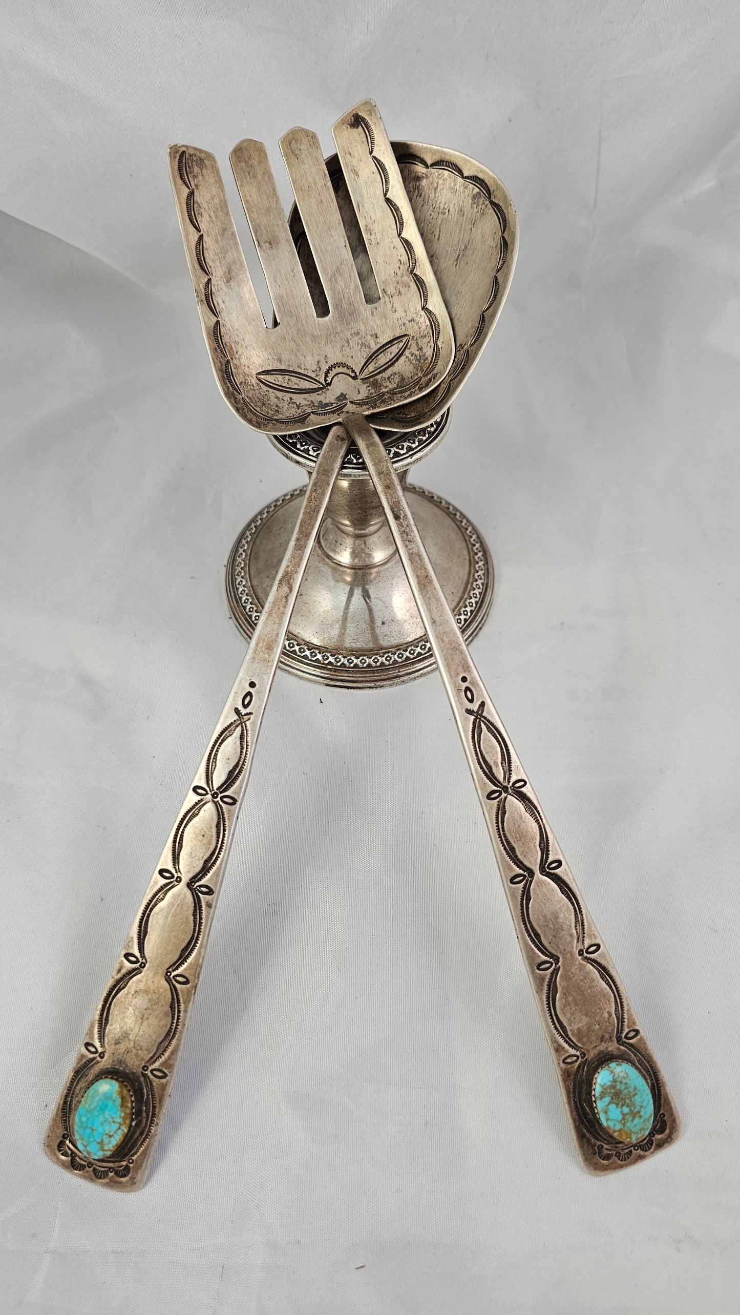 Salad fork & spoon sterling and turquoise