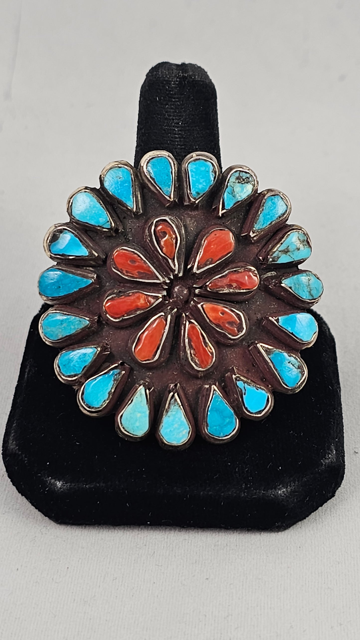 Turquoise and coral cluster ring