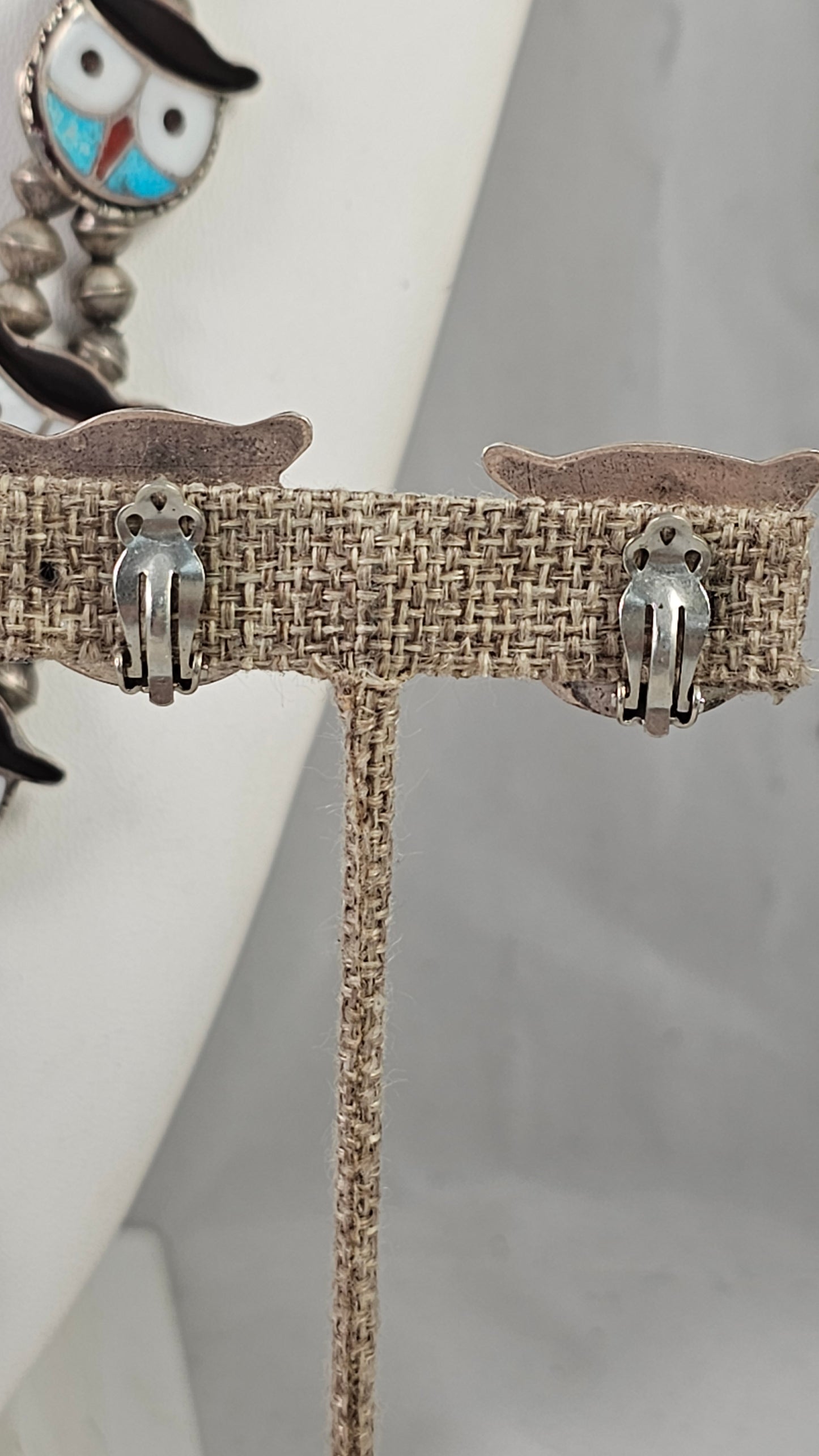 Zuni inlay owl necklace and clip-on earring set