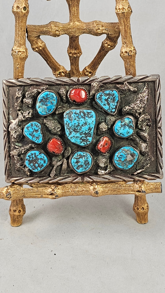 Vintage turquoise and coral belt buckle