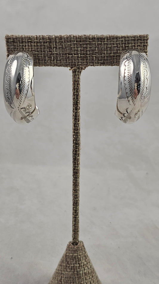 Stamped sterling hoop earrings 1-1/4"