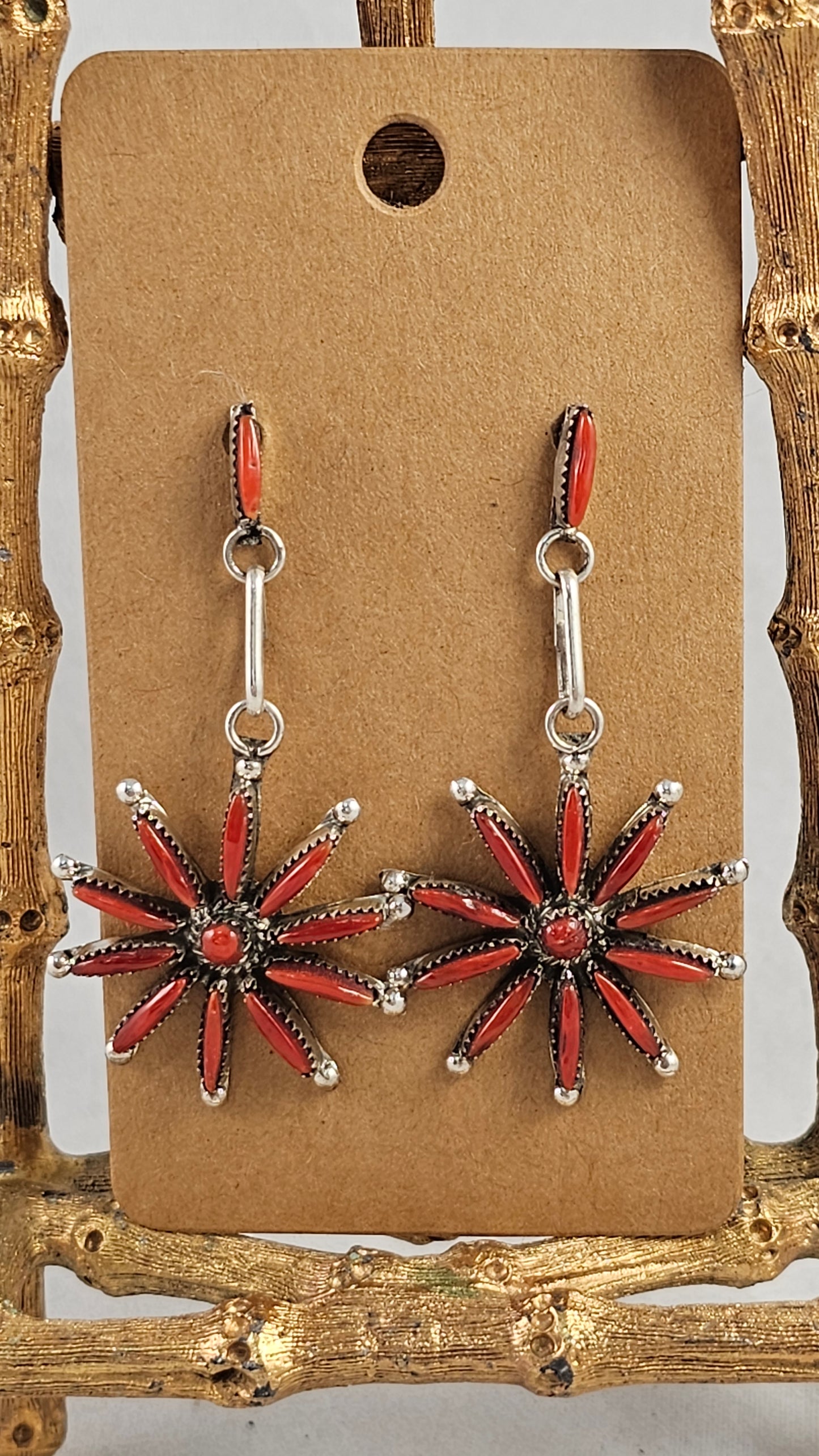 Coral needlepoint star earrings