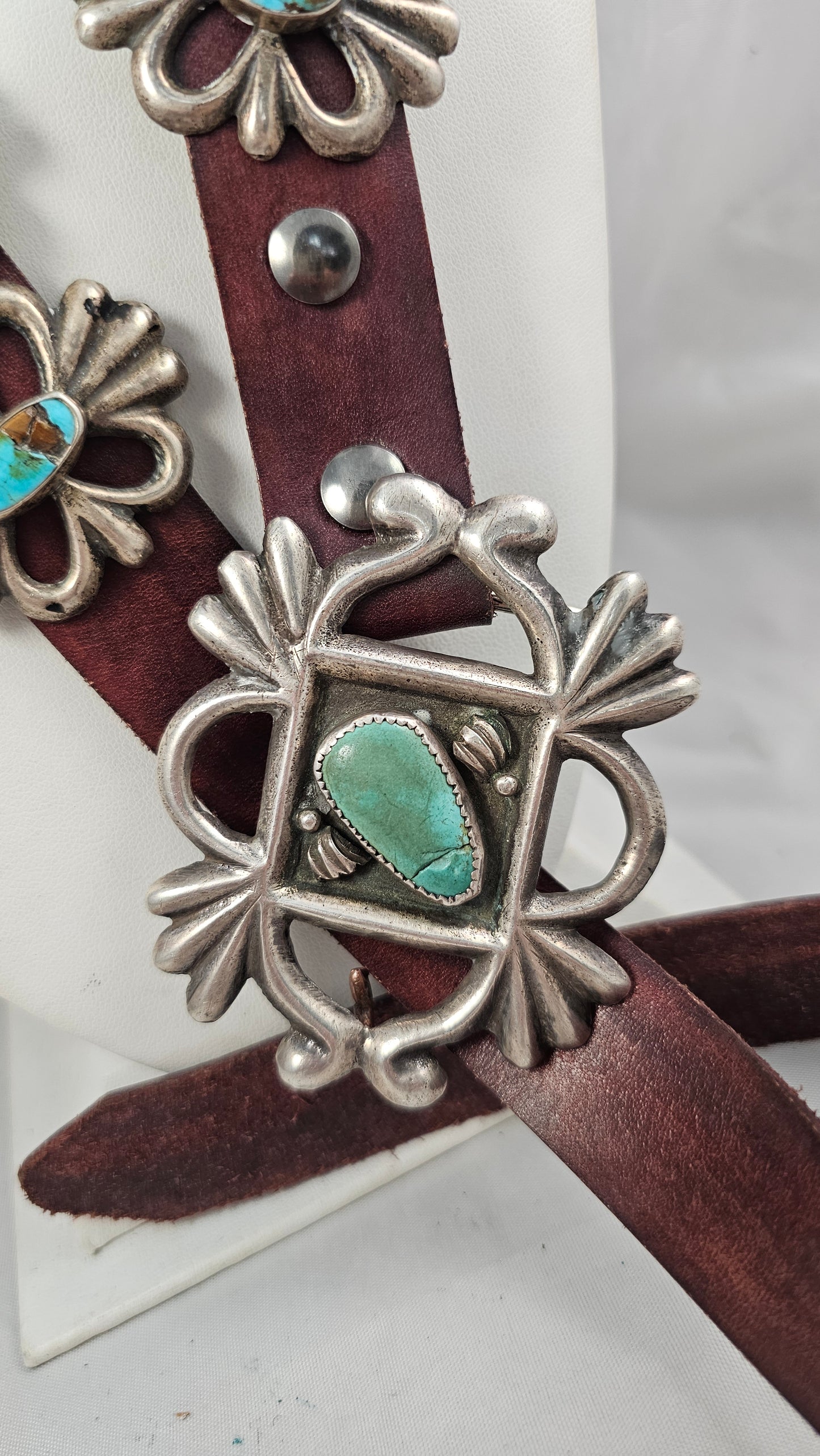 Sandcast silver and turquoise concho belt