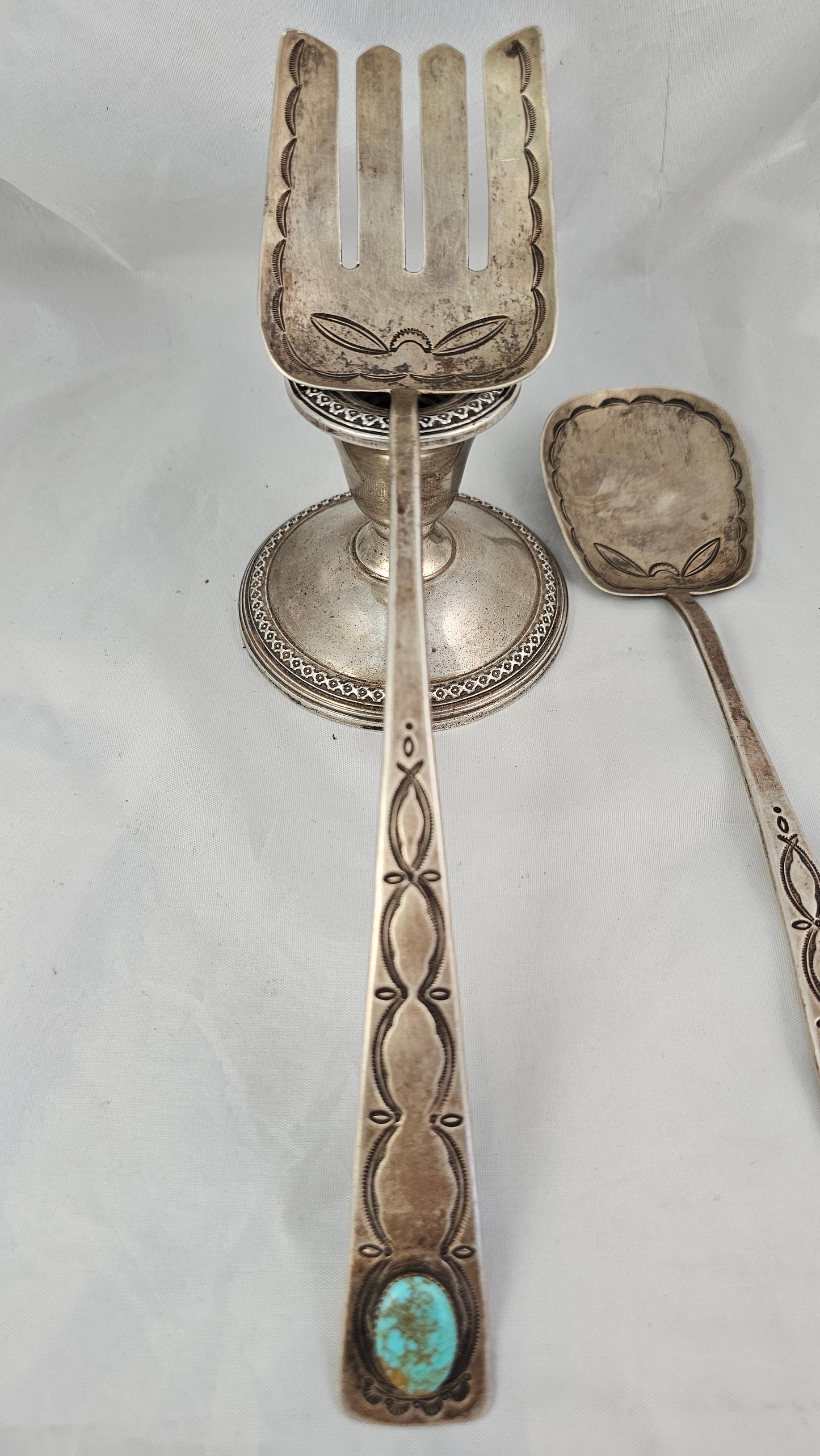 Salad fork & spoon sterling and turquoise