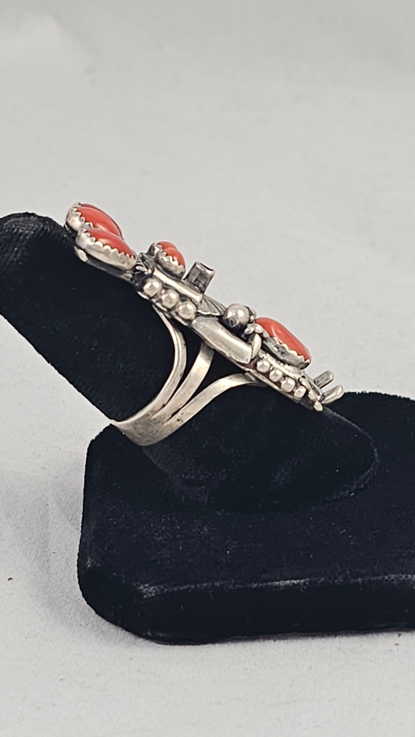 Coral & sterling kachina ring