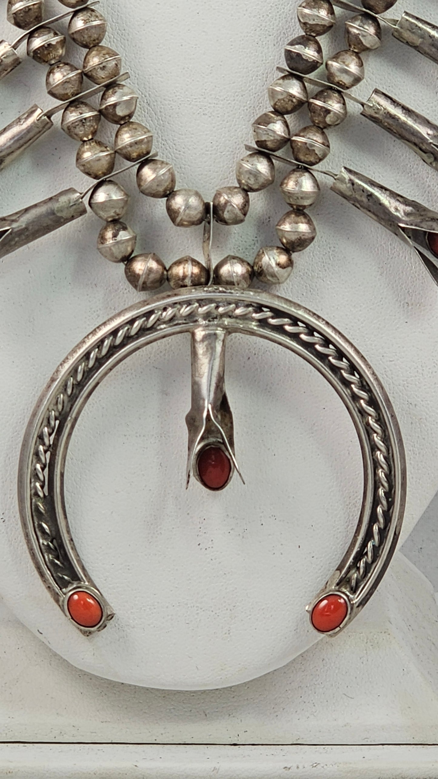 Coral and sterling squash blossom necklace