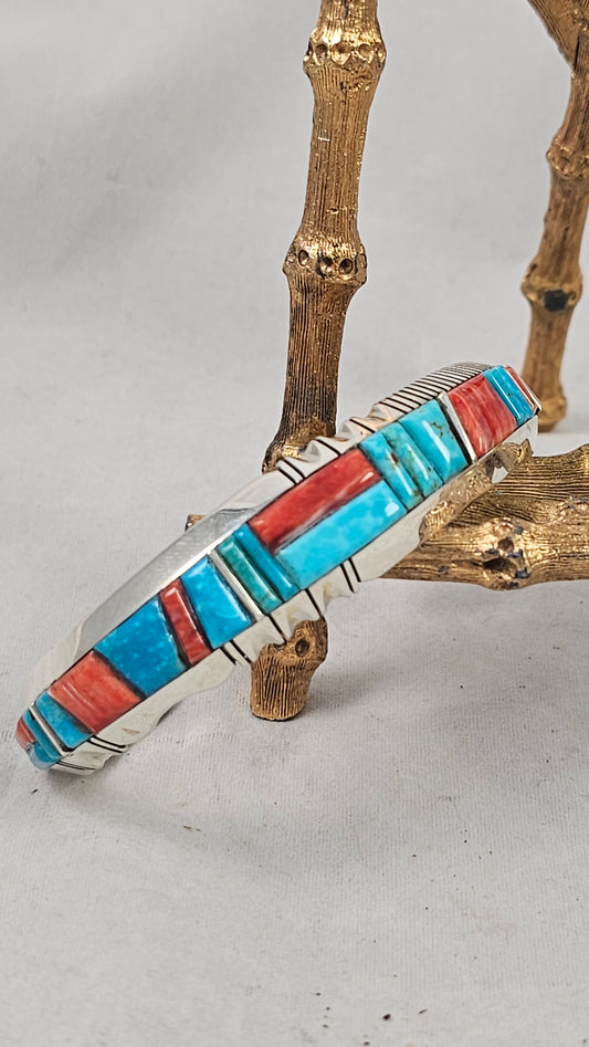 Inlay turquoise, coral & sawtooth sterling cuff