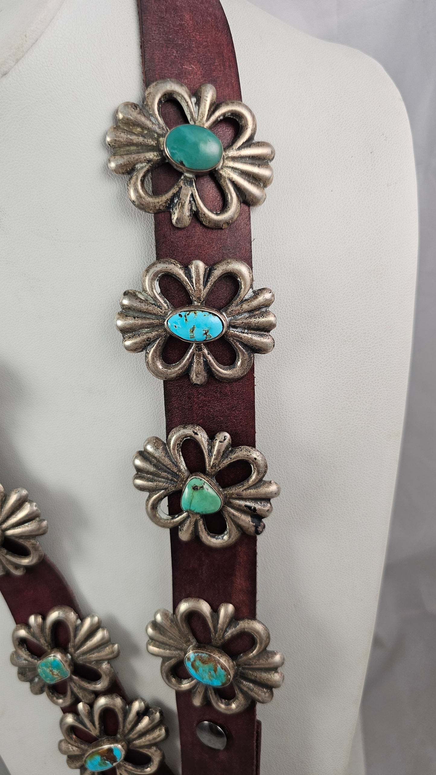 Sandcast silver and turquoise concho belt