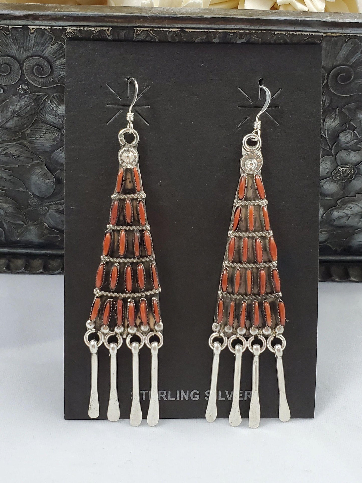 Coral Zuni needle point 5 tier earrings - Albuquerque Pawn Shop